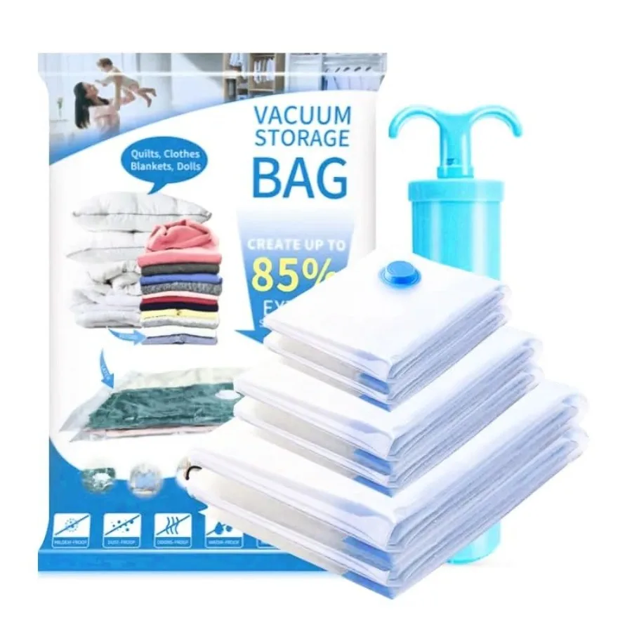 

Vacuum Seal Storage Bags with Hand Pump 6 Large Bags Space Saver Bags for Clothes and Blankets 85% More Storage