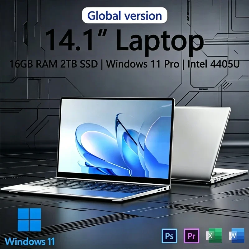 

New Ultra Slim Laptop 14.1 16GB RAM 2TB SSD Intel 4405U Gaming PC 1920*1080 Display Office Study Computer PC Windows 11 Pro