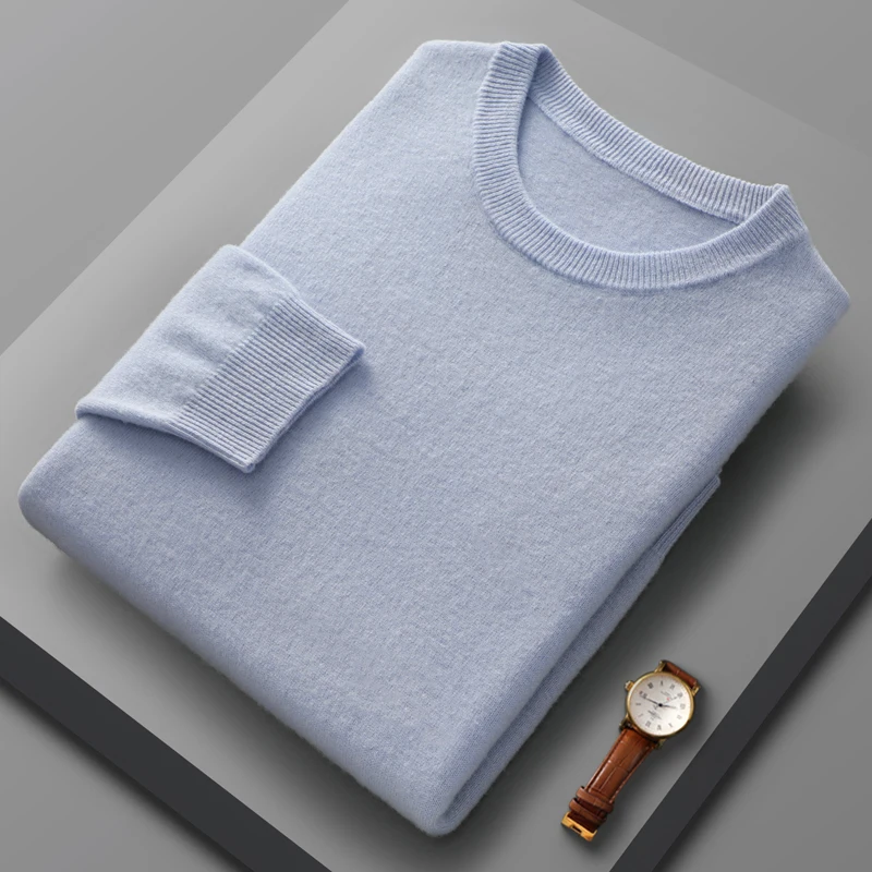 Men's Autumn Winter 100% Merino Wool Crew Neck Pullover Long-sleeve Cashmere Knitted Business Versatile Solid Color Casual Top