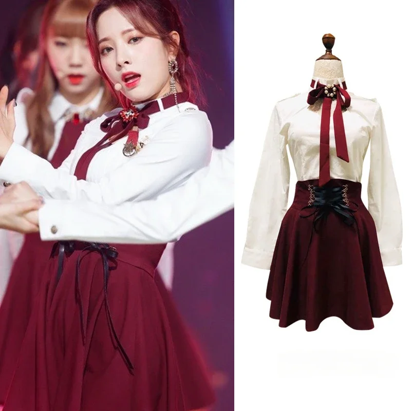 Kpop Korean Singer Concert Sexy Women White Slim Long Sleeve Lapel Blouses Crop Tops High Waist Lace-up Skirt New Dance Outfits