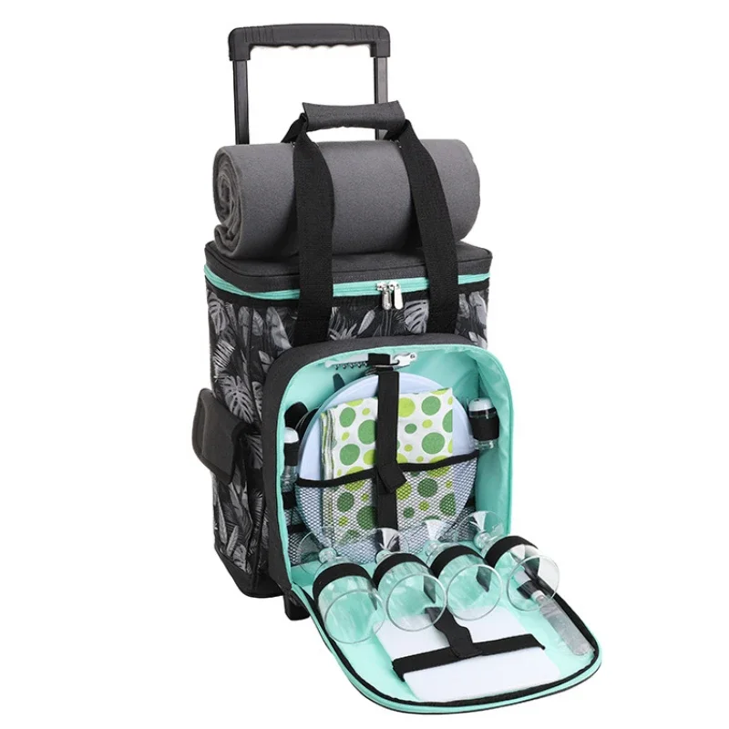 4‑Person Outdoor Picnic Trolley Bag with Tableware Set Heat Cold Insulation Portable Travel BBQ Camping Storage Gear Accessories