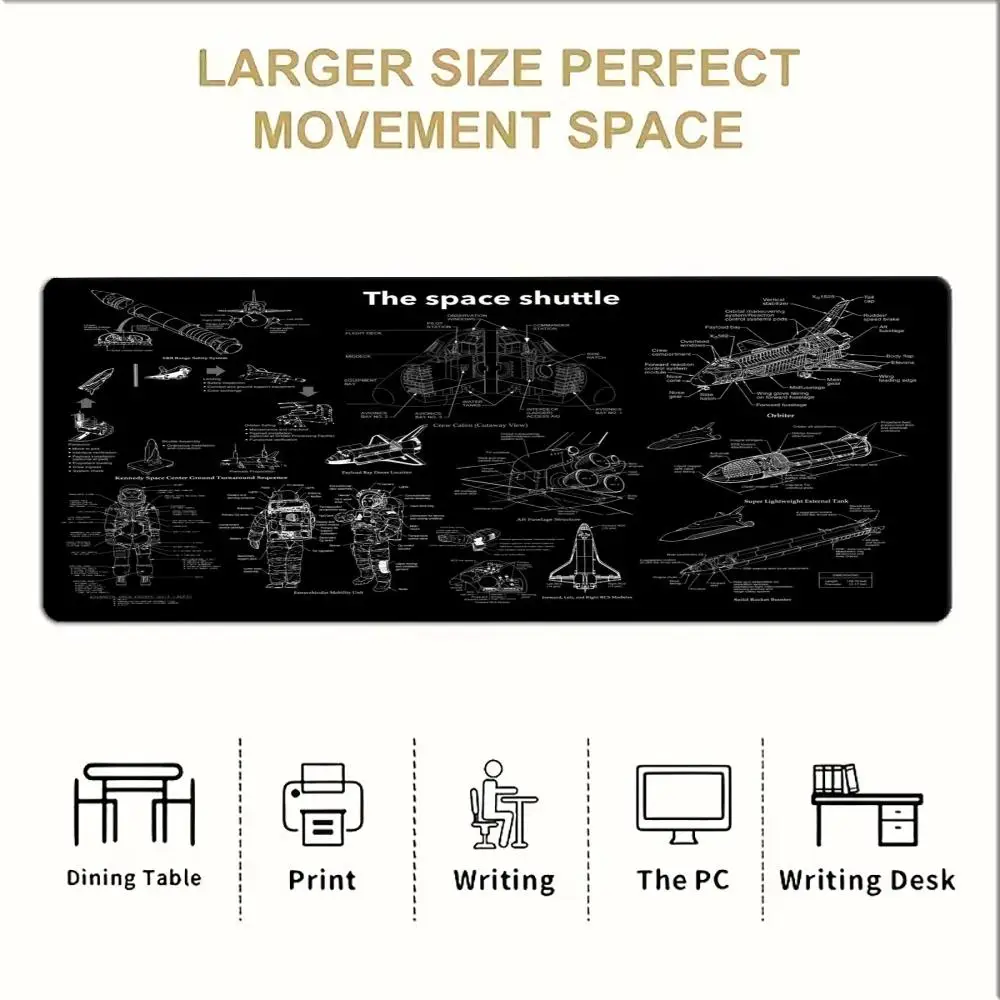 Space Shuttle Blueprint Large Gaming MousePad Non Slip Rubber Keyboard Desk Mat Aerospace Drawing Print Desktop Gaming Table Pad