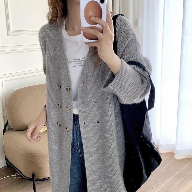 vintage loose long cardigan women autumn winter double-breast chic sweater female open streetwear Korean knitwear