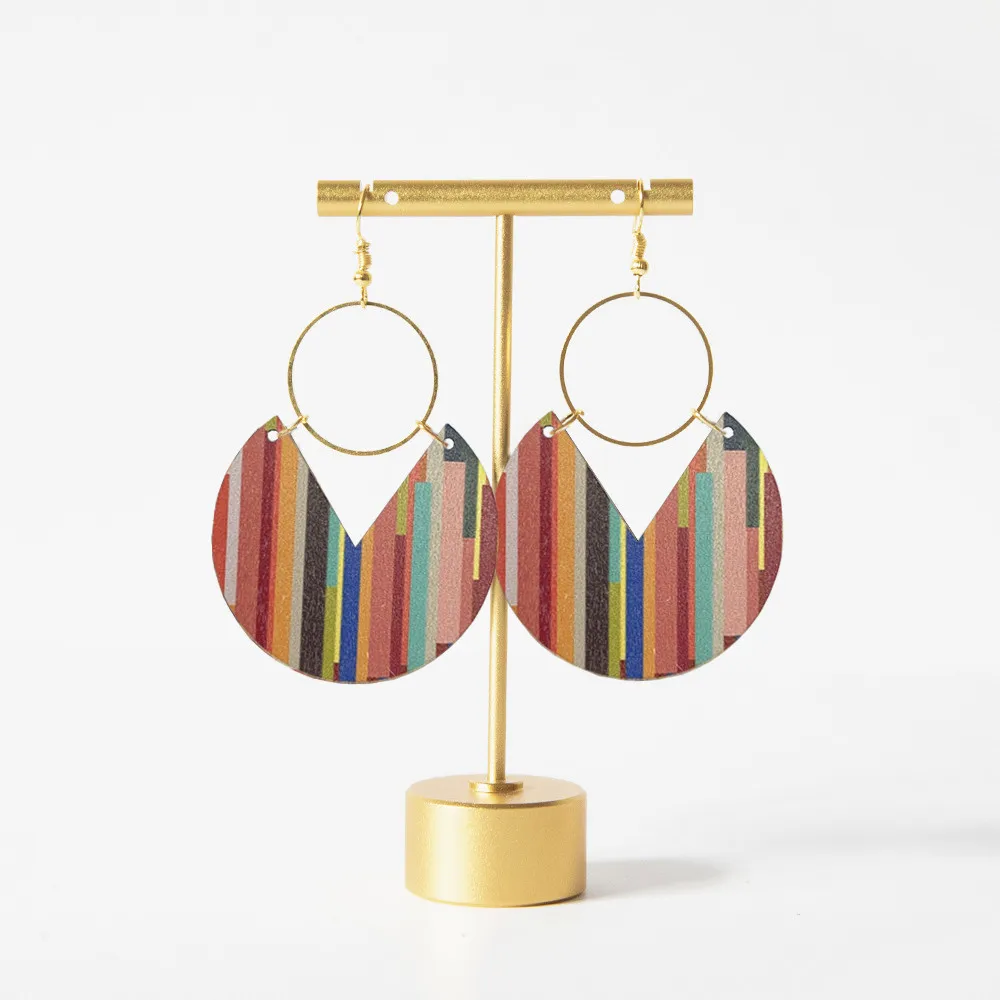 Богемные красочные серьги с принтом, двухсторонние деревянные геометрические полосы, летняя коллекция 2025 Богемные красочные серьги с принтом, двухсторонние деревянные геометрические полосы, летняя коллекция 2025