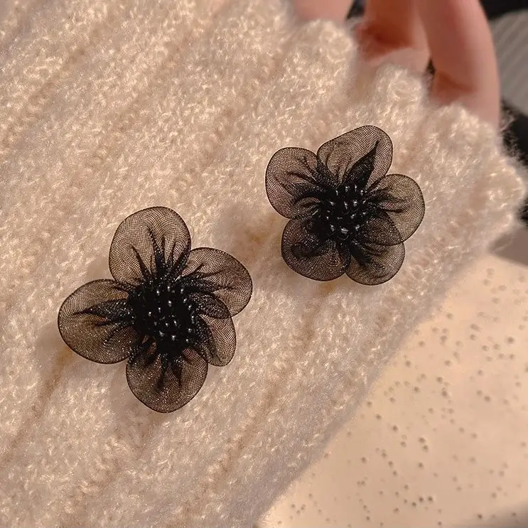 Pendientes largos de flores de encaje para mujer, aretes de temperamento de cristal de moda con dominadas negras, encogimiento exagerado, 30 unids/set