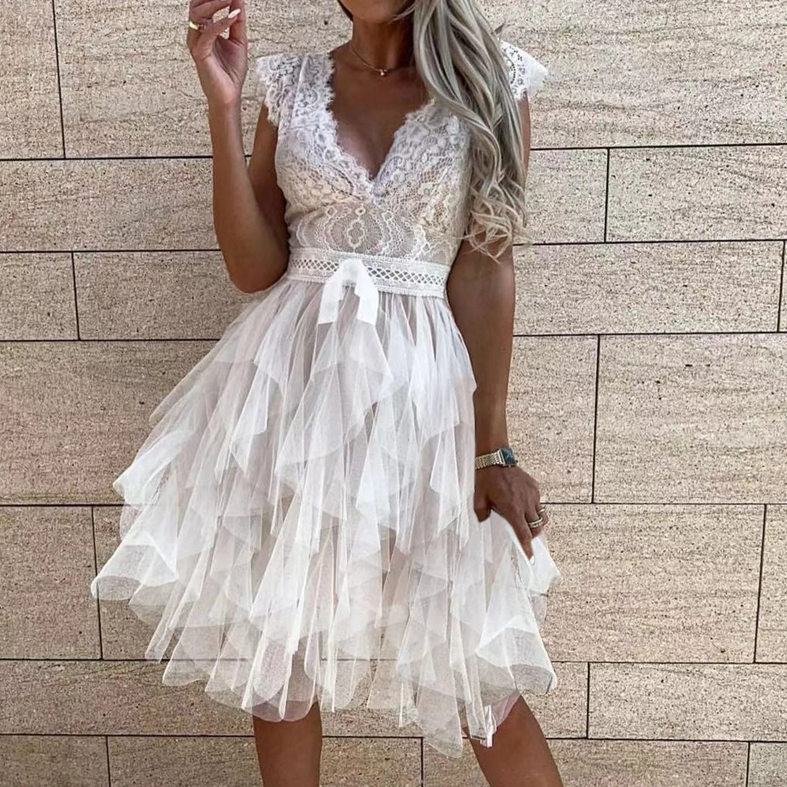 Elegant Embroidery Lace Mesh Party Dress Women Sleeveless V Neck Solid Summer Lace-Up Ruffle Dresses Lady Cute Princess Dress