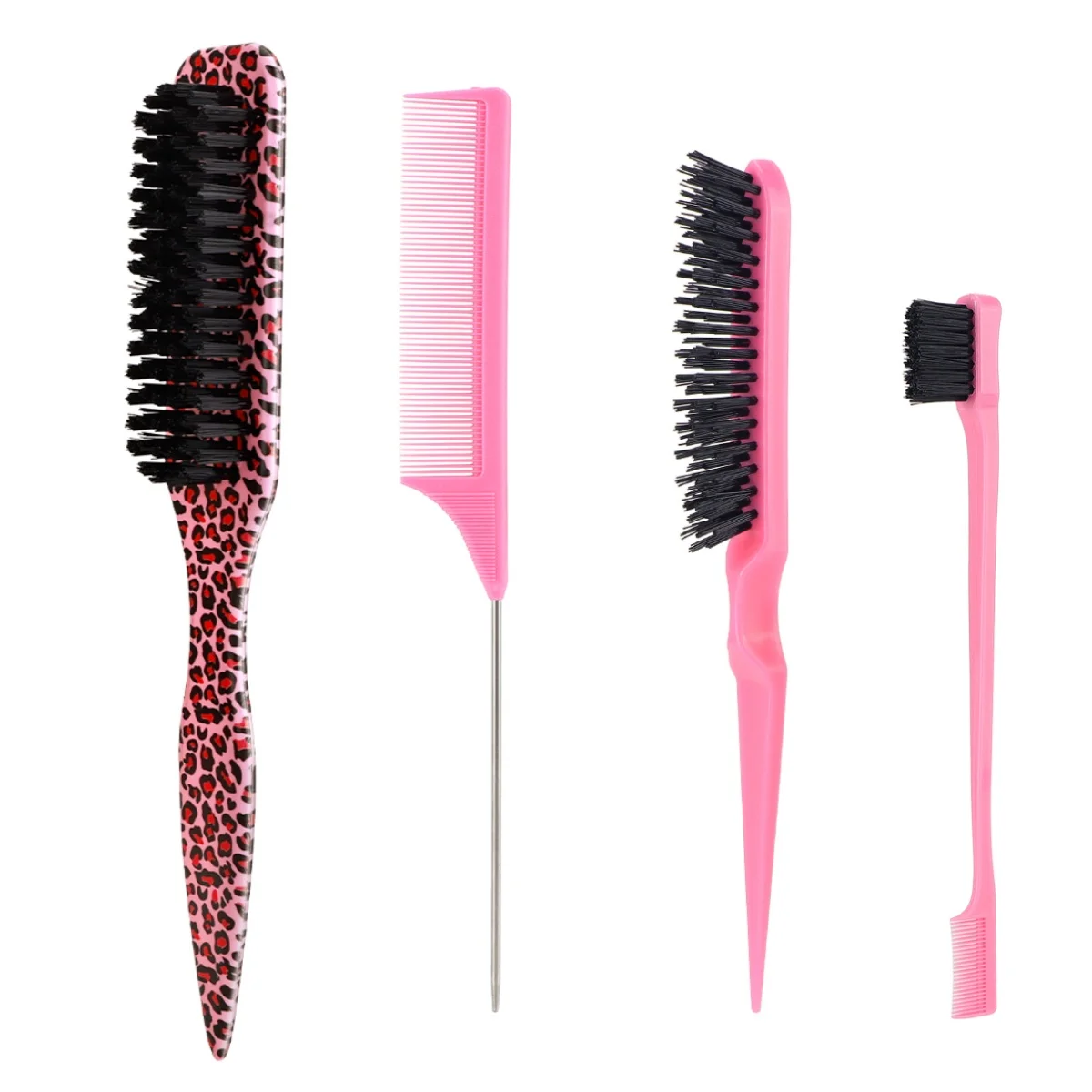Conjunto de 4 Escovas de Cabelo com Cerdas de Javali para Penteados Lisos, Rabos de Cavalo e Coques, para Alisar Fios Rebeldes, Cabelos de Bebê, Controle de Pontas e Cardar