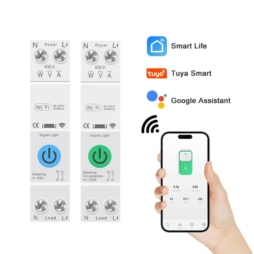 Tuya WiFi Smart Circuit Breaker 63A with Energy Meter, DIN Rail MCB Over Under Voltage Protection APP Remote Control Switch