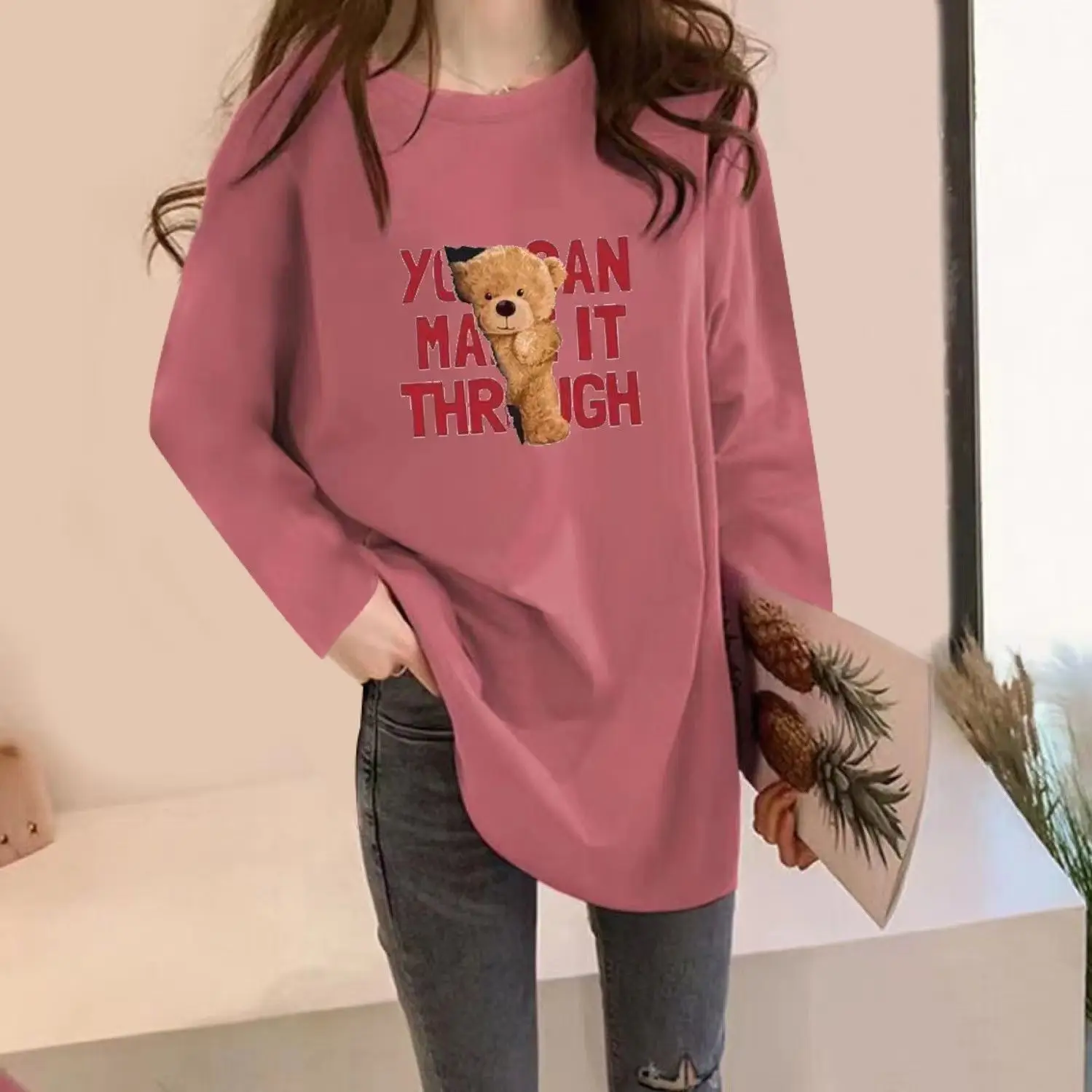 Cotton Long Sleeved T-shirt Women 2023 Autumn New Korean Loose Cartoon Print Medium Length Casual All-match Lady Classic Top