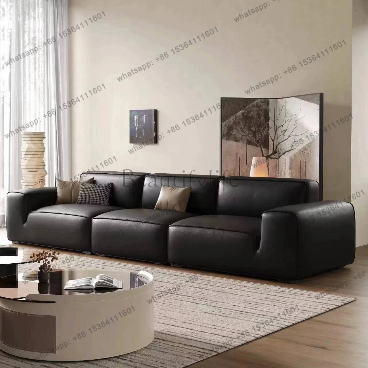 Sofa bed Italian minimalist straight row tofu block black full leather custom multi-function
