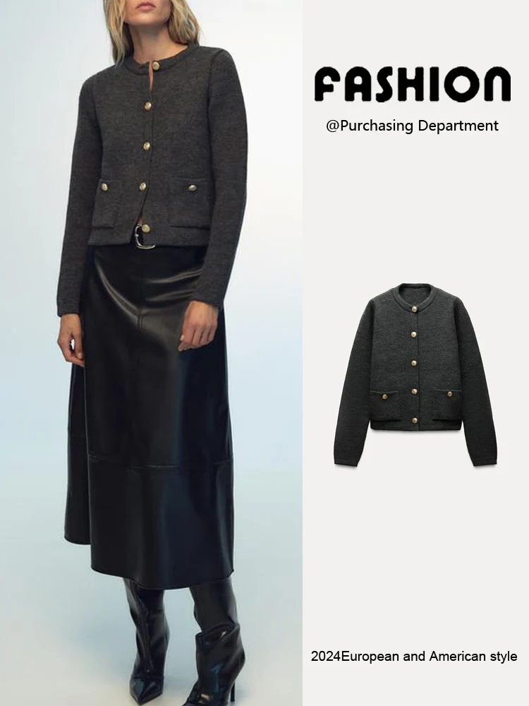 

Spring New Arrival Women's Knitted Long Sve round Ne ket Decorated Gold Button Outerwear Commute Sle Regular Thin