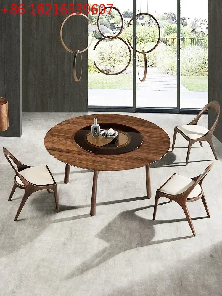 TAO Black Walnut Wood Table Solid Wood Large round Table Light Luxury Household Dining Table with Turntable