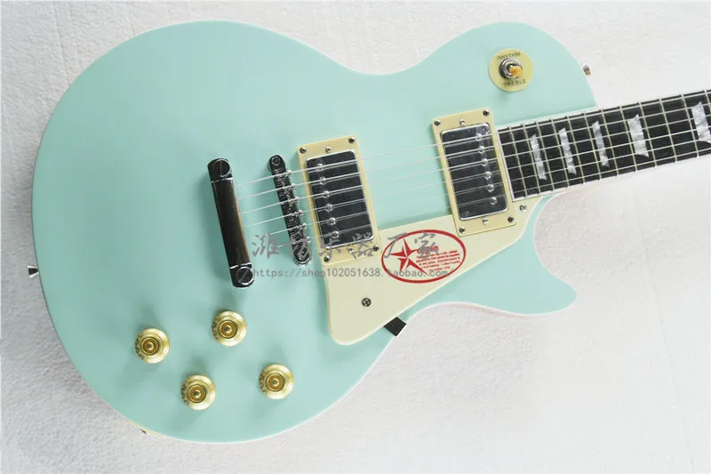 Electric guitar front light sky blue back natural wood color body pentagonal star guard