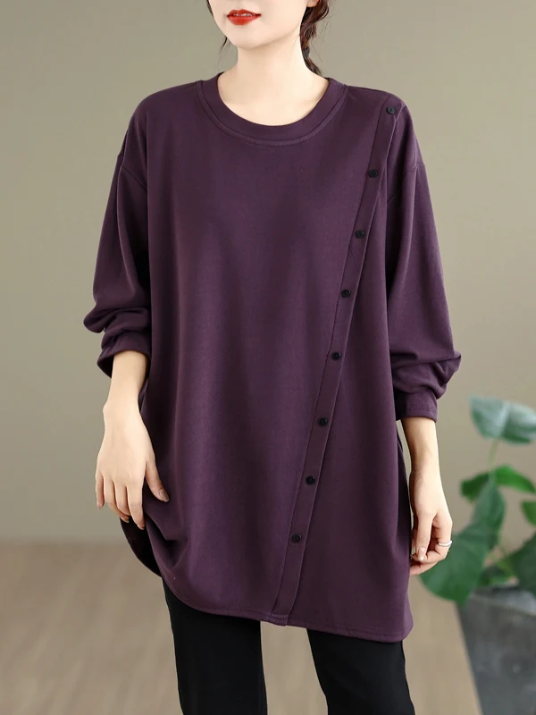 Botão design cor pura camisa de comprimento médio plus size feminino longo sve redondo ne solto topo casual fibra de poliéster