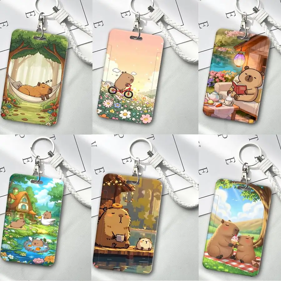 1Pc Card Holder Retractable Credit Card Holders Holders Child Bus with lanyard Badge Bank ID Cover Case Capybara
