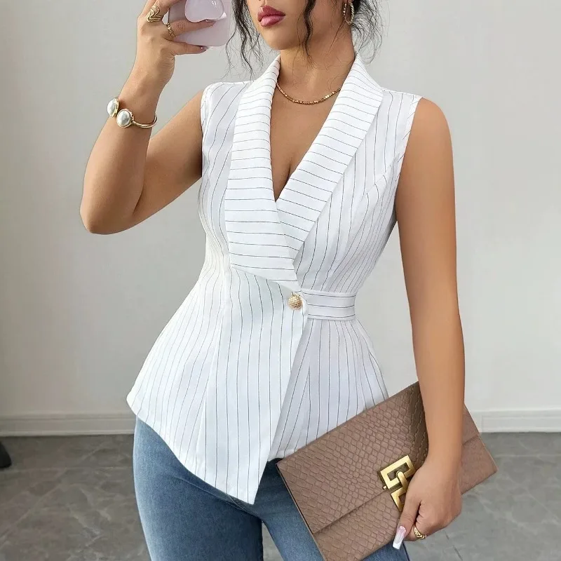 Striped Cinched-waist Blazer Sleeveless Vest Single-breasted Waistcoat with  Belt Makes One Look Slimmer　off-the-shoulder Shirt