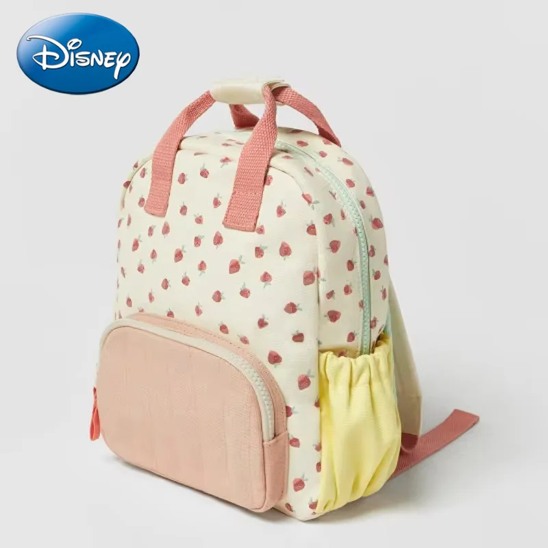 Disney 2024 New Cotton Children\'s Backpack Canvas Dopamine Strawberry Print Color Matching Cute Children\'s Backpack School Bag