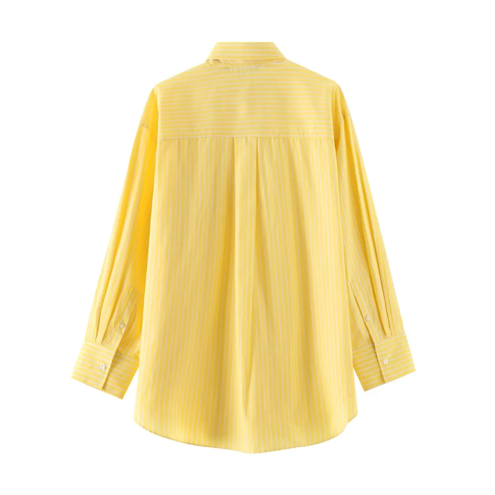 2024ZAR Summer New Product Women\'s casual loose collar long sleeved yellow striped single breasted shirt