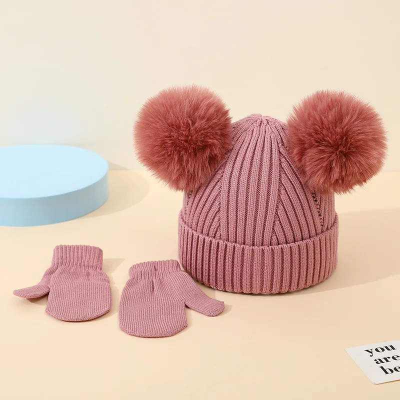 

2Pcs Witer Baby Knit Hat Gloves Set Solid Color Woolen Beanie 2-6year Kids Mittens Double Plush Ball Children Ear Protection Cap