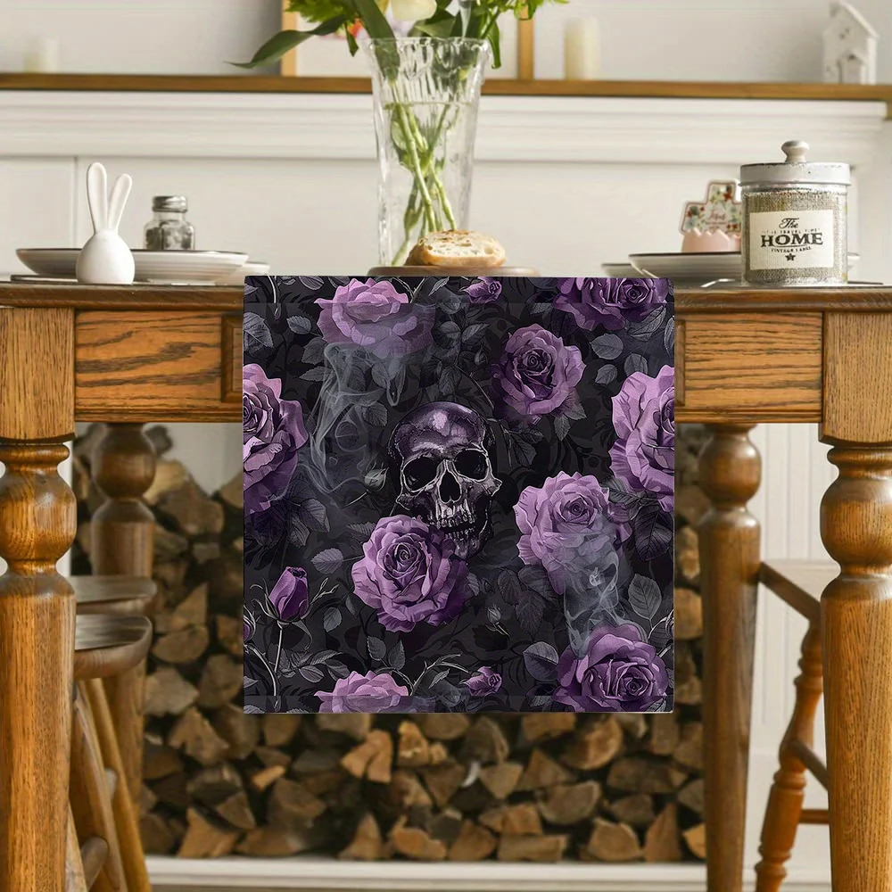 1 Stück Gothic Lila Rosen Totenköpfe Tischläufer Rechteckige Küche Esstisch Dekor für Partys HomeRestaurant Dark FloralSkelett