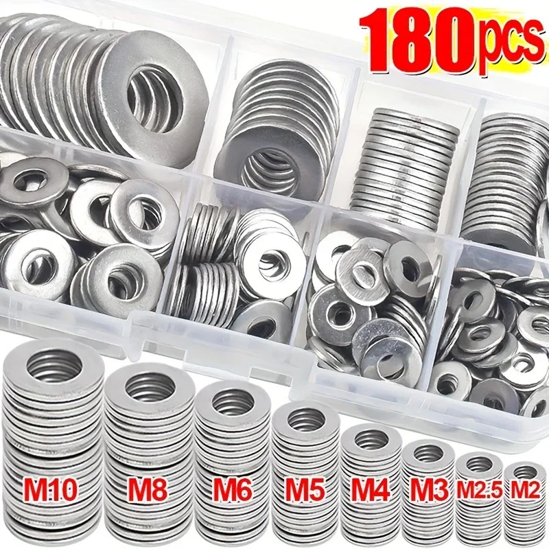 

180 Piece Stainless Steel Flat Washer Set with Storage Box - O-Ring Fastening Washer, Polished Surface, M2-M10 Size, Easy to Ins