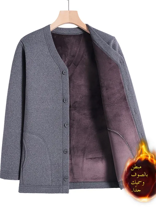 

Thiened Fce Lined V-Ne Pure Color Dad Coat Мужская зимняя хлопковая куртка Теплая домашняя одежда Busin Gentleman Sle...