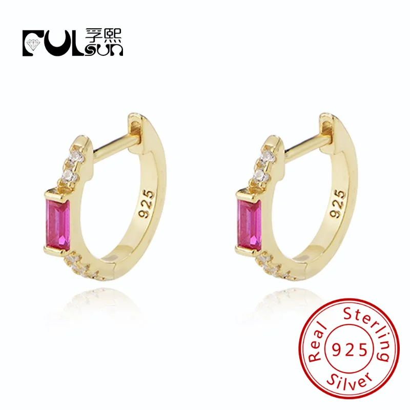 

Dainty Emerald Red corundum earrings 925 Sterling silver 14k gold plated bling Cubic Zirconia Huggie Earrings for women girls