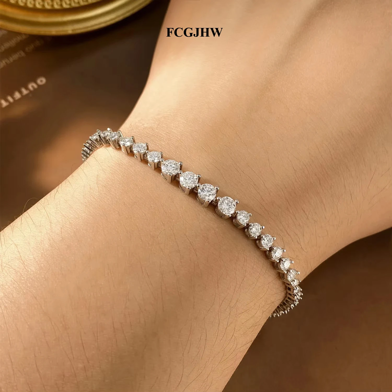 FCGJHW 925 Sterling Silver Graduated Moissanite Tennis Bracelet 3 Prong 2-3-4mm Stone Wedding Birthday Bracelet For Women Gift