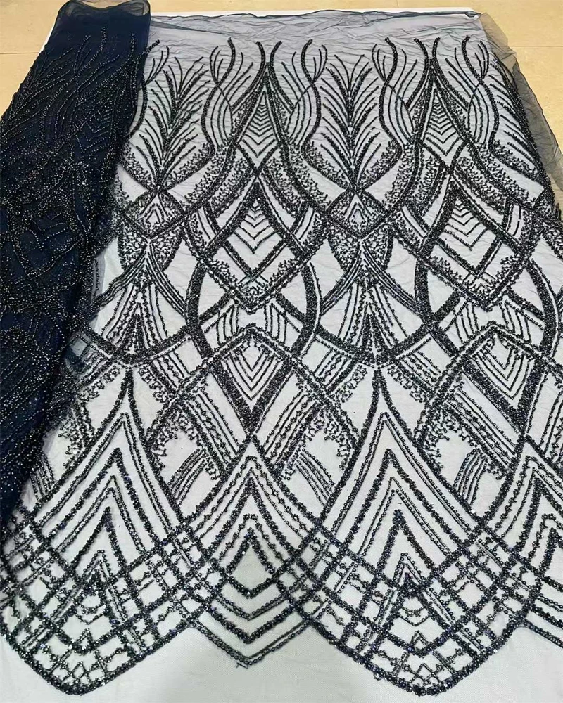 

French Mesh Lace FabricsEmbroidery Sequins Tulle Beaded African Fabric for Women Party Dresses Sewing