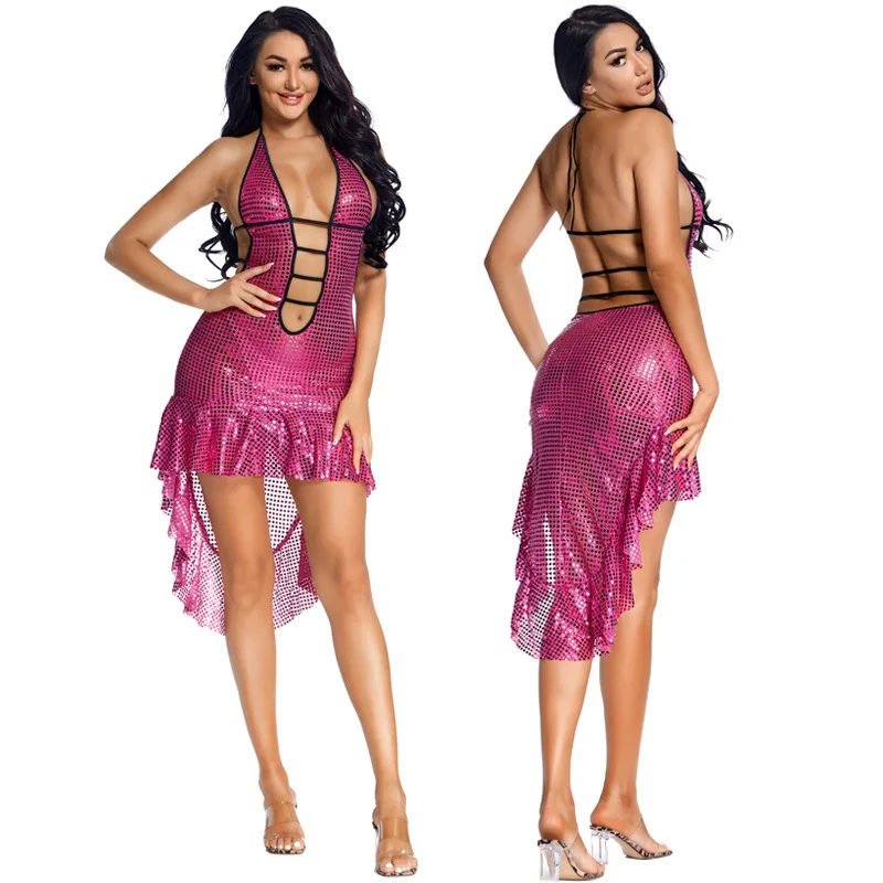 Vestito da ballo latino lucido Sexy Costume da ballerino latino fucsia per le donne