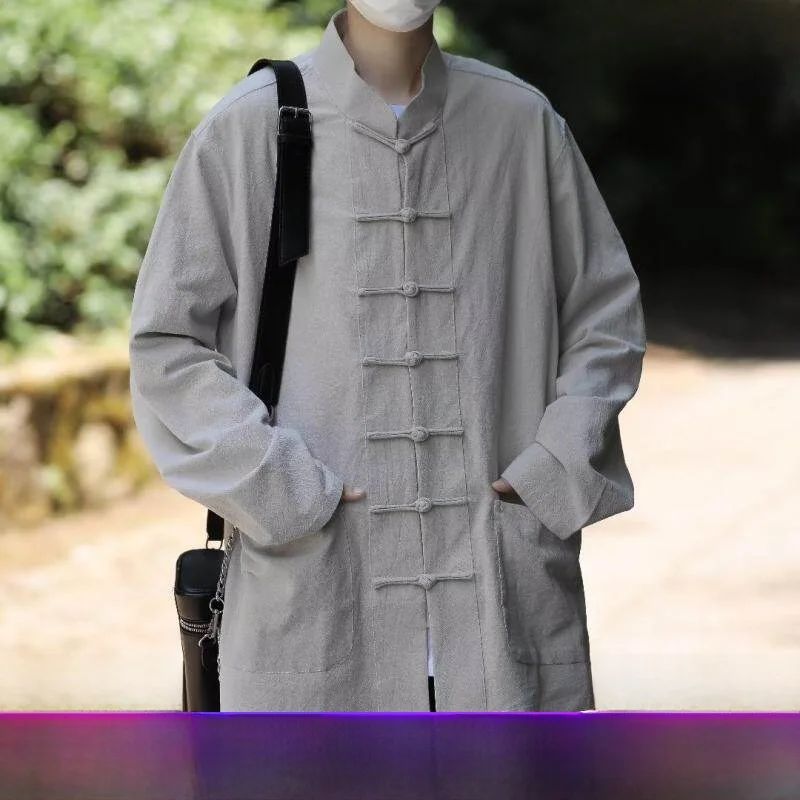 

Loose Long Sleeve Zen Study Button Double Layer Outerwear Spring Autumn New Style Retro Chinese Tang Costume Jacket for Men