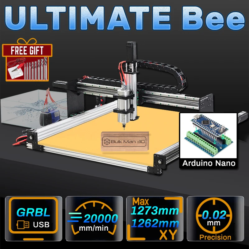 BulkMan3D ULTIMATE Bee Máquina de grabado CNC de 4 ejes Control GRBL con tornillos de bola Rieles HGR Grabado de precisión para metal y madera
