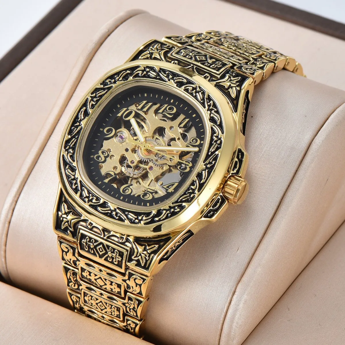Light Luxury Retro Carved Men's Mechanical Watch, Fully Skeletonized Square Automatic Mechanical Wristwatch, Skeleton Waterproof Luminous Watch, Business Commuter Style Men's Watch, High-End Niche Wristwatch, Gift for Boyfriend