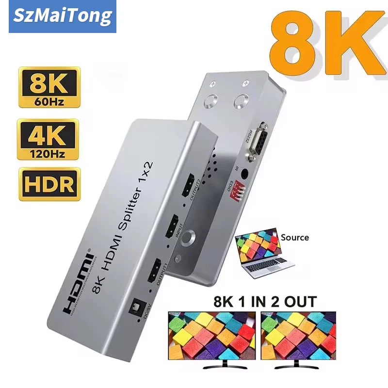 

8K HDMI Splitter 1x2 4K 120Hz HDMI 2.1 Splitter 1 In 2 Out Audio Video Distributor HDR 3D for PS5 PS4 Camera PC To TV Monitor