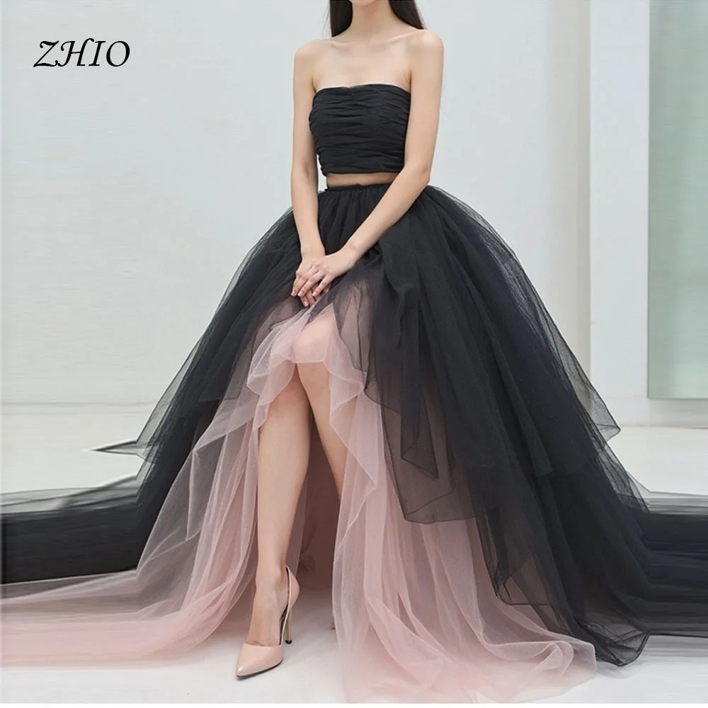 ZHIO Elegant Black Strapless Layered Tulle Two Piece Evening Gown with High Slit Puffy Skirt Custom A-Line Prom Dress For Women