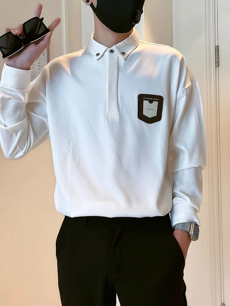 

White Polo T Shirt for Men Long Sleeve Clothing Deals Xl New Social Casual Sale Tee Normal Tops Spring and Autumn Man Sweatshirt