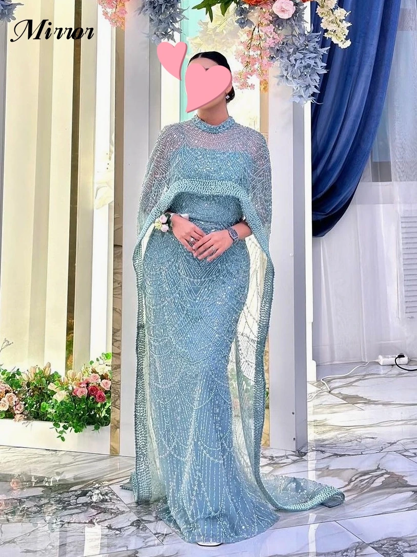 

Mirror Dress Elegant Vintage Sweet Beads Lace Cape Mermaid Saudi Arabia Customize Formal Occasion Prom Dress Evening Party Gowns