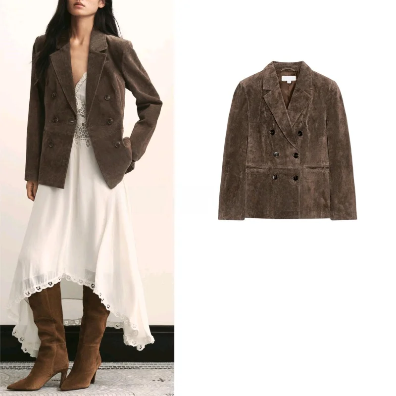 

Осенний новый женский длинный костюм-свек из искусственной кожи, джинсовый двубортный костюм с откидной крышкой и воротником-стойкой, повседневный костюм из полиэстера...