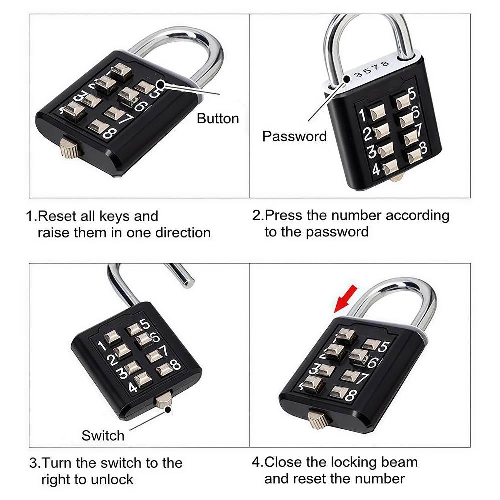 8 أرقام مزيج في الهواء الطلق زر مقاوم للماء ثابت رمز عشوائي قفل سبائك الزنك الأمتعة السفر قفل ذكي مع مفتاح مكافحة سرقة