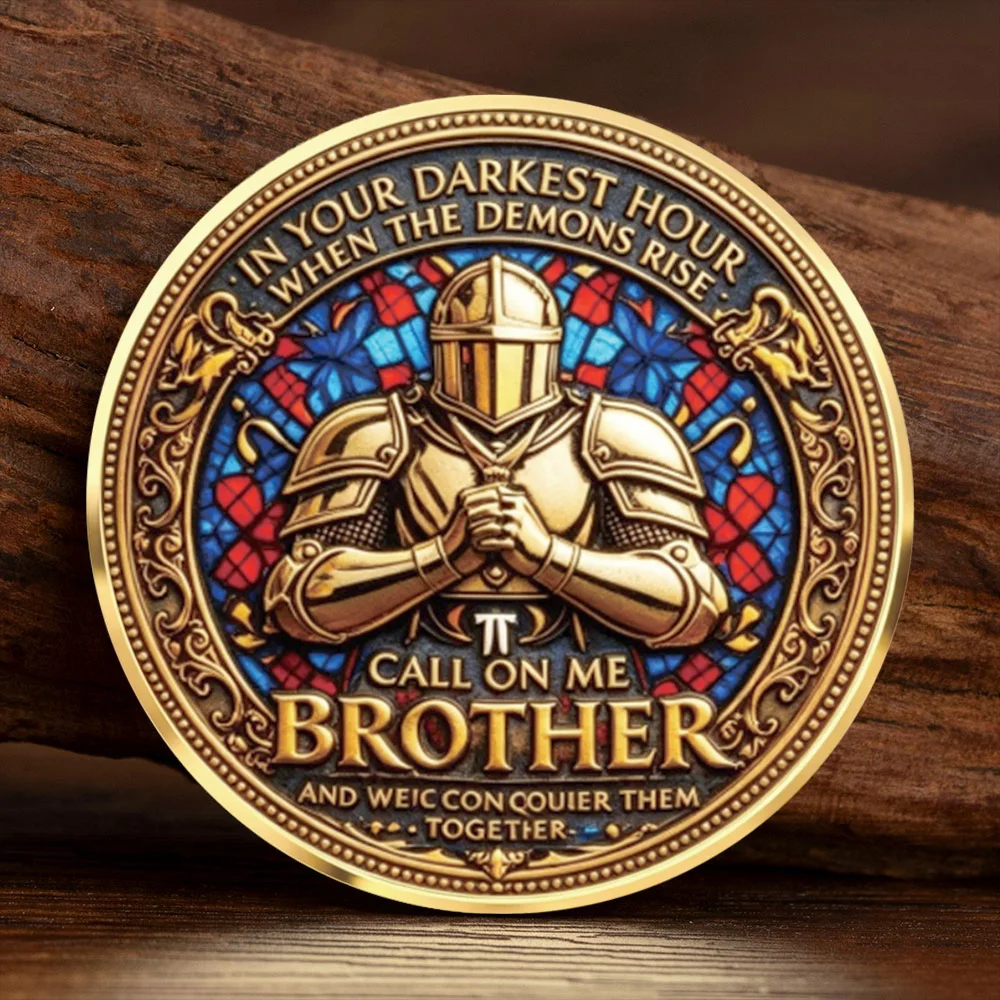 Vintage Knight Lion 2D Flat Gold Plated Stained Glass Commemorative Coin Honor Brotherhood Souvenir Gift for Men Collection Coin