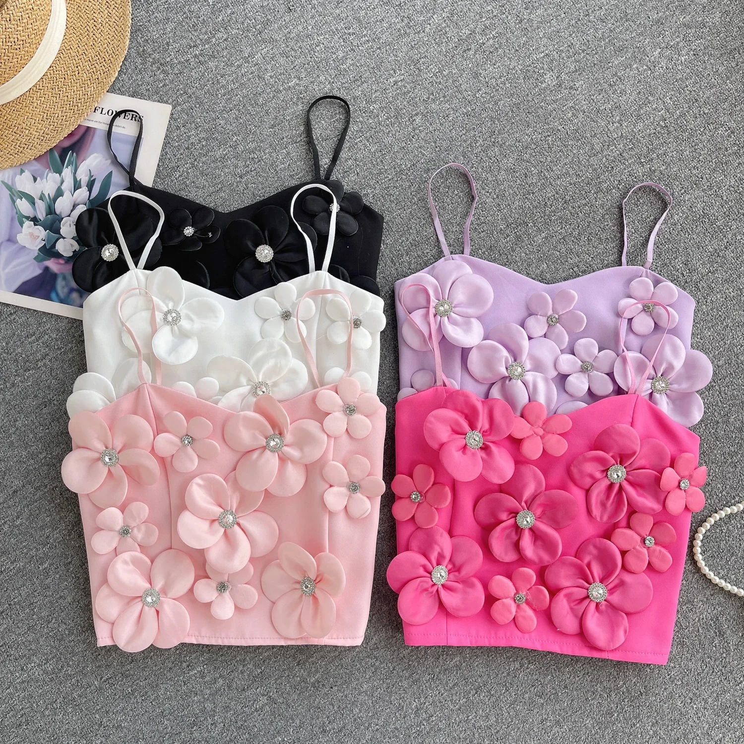 Sweet Memory Fashion Women Beach Women Sling Crop Top Diamond Inlay Three-dimensional Flower Tank Tops