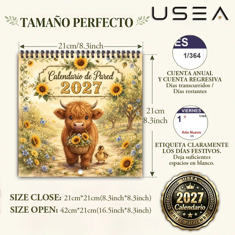 2027Spanish Mexican American Georgia Wall Calendar,12 Month Planner with Lunar Phase,Cute Highland Cow Sunflower Decoration Gift