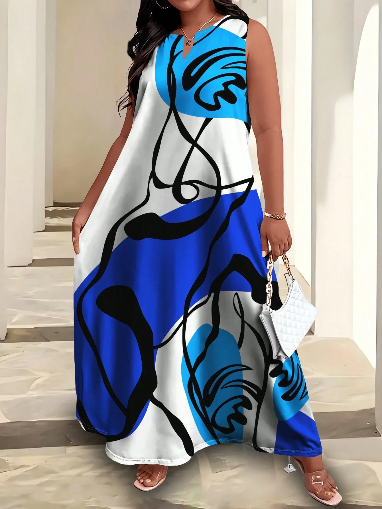 

Женское макси-платье без рукавов с абстрактным принтом для летнего отдыха и пляжа, повседневное, больших размеров