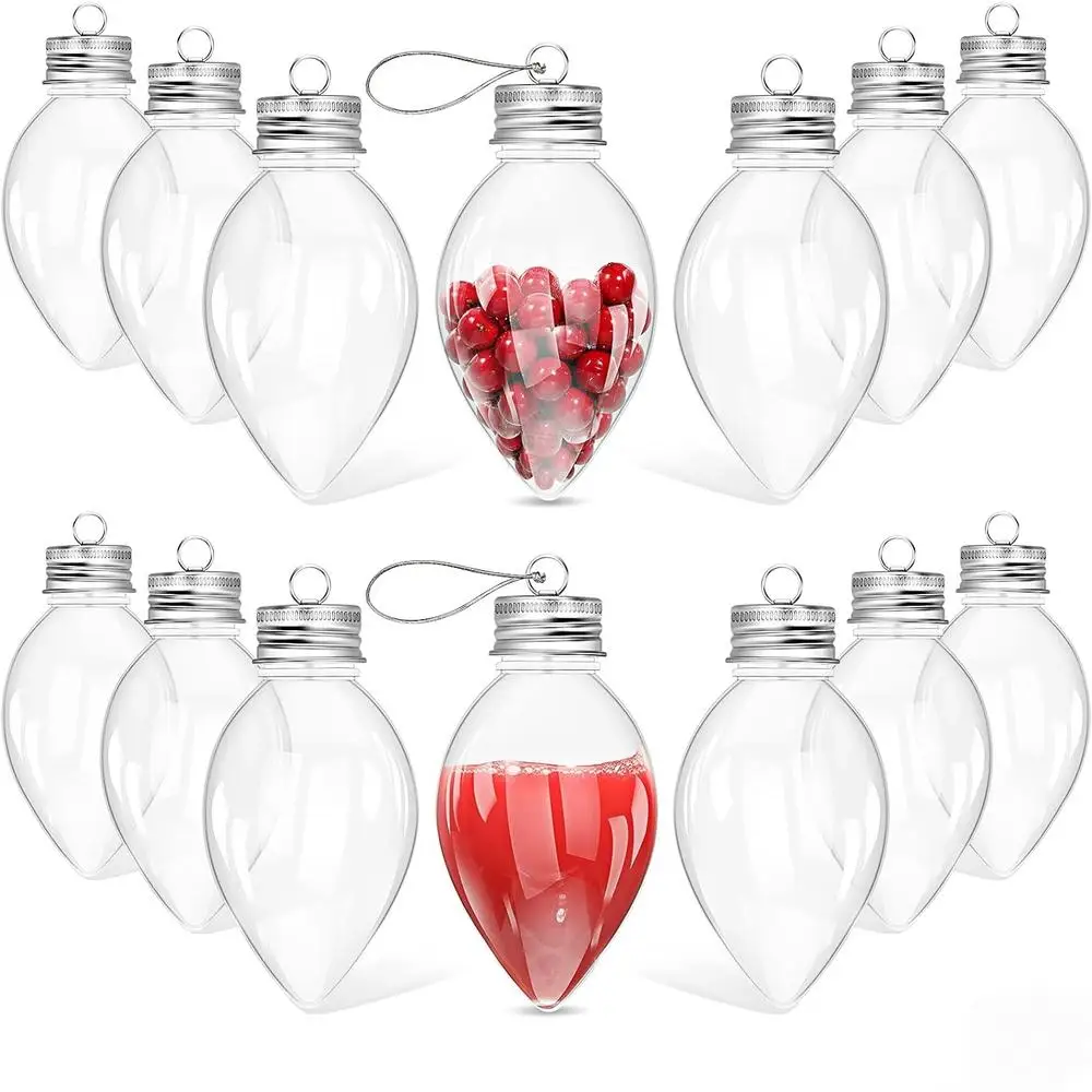 10pcs Light Bulb Shaped Refillable Bottles Christmas Ornaments Plastic Candy Containers DIY Clear Ornament Bulbs with Cap