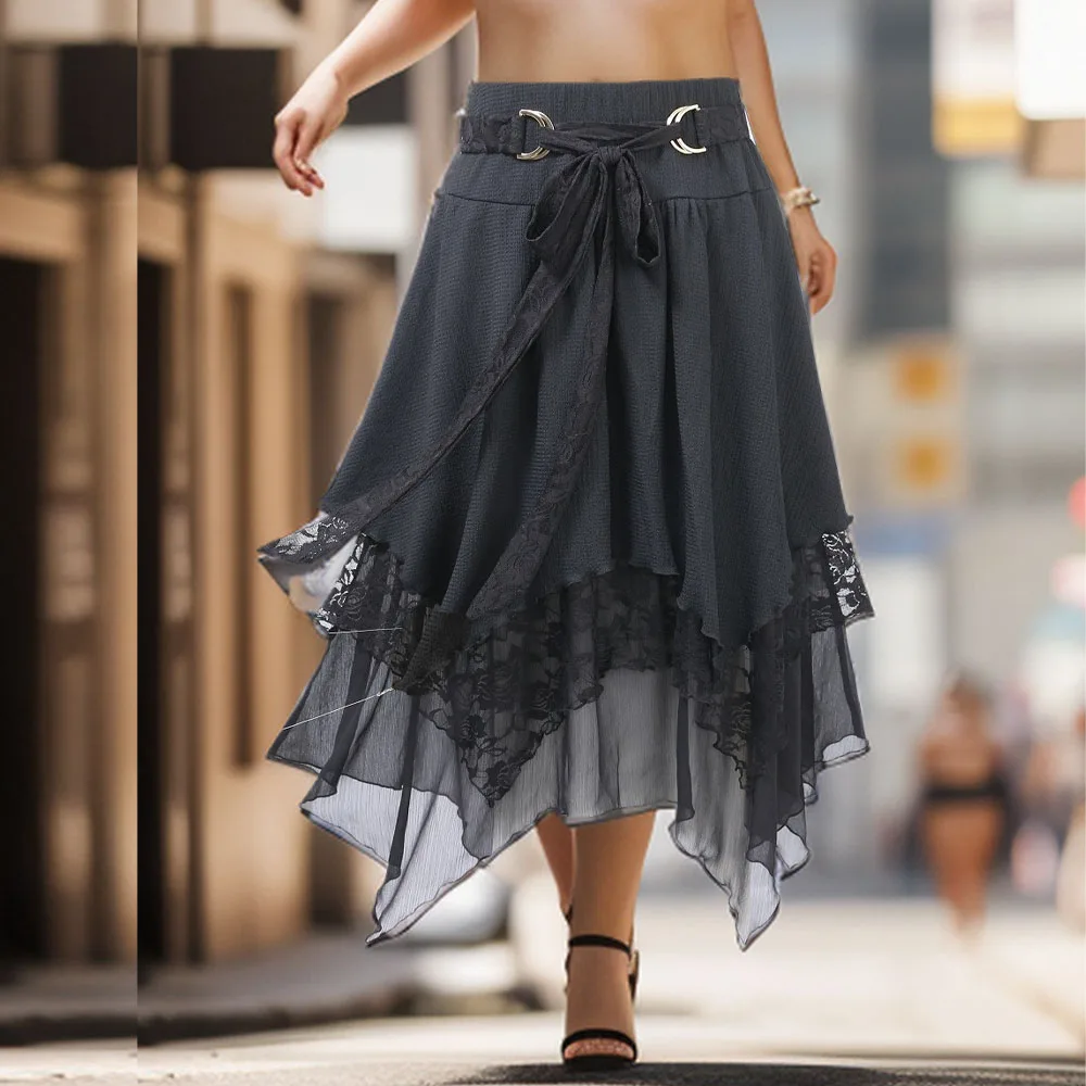 

﻿ROSEGAL Plus Size Plus Size Skirts Black Floral Lace Ruffles Asymmetrical Tie Waist Layered Skirt Ladies Casual Bottoms Skirt