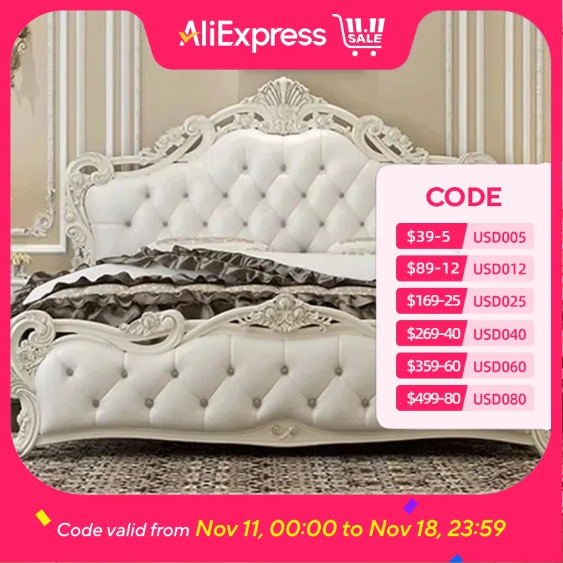 

Storage European Double Bed Designer White Villa Wood Luxury Twin Bed Frame Headboard Modern Cama Box Casal Home Furniture