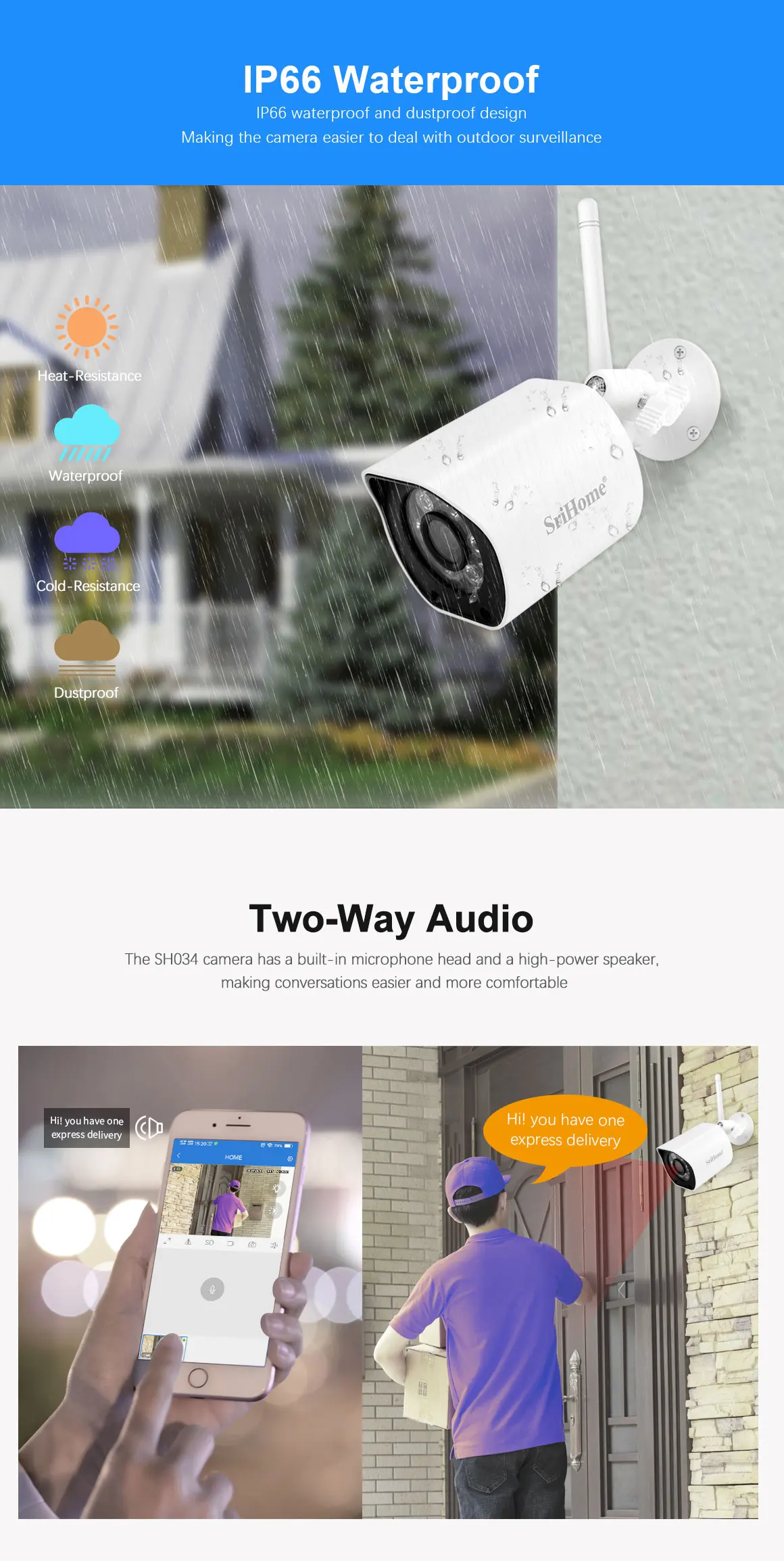 Srihome  SH034 5MP UHD 2.4G&5G Dual Band Outdoor Water-proof WIFI IP Bullet Camera WDR Color Night Vision AI Humanoid  Monitor