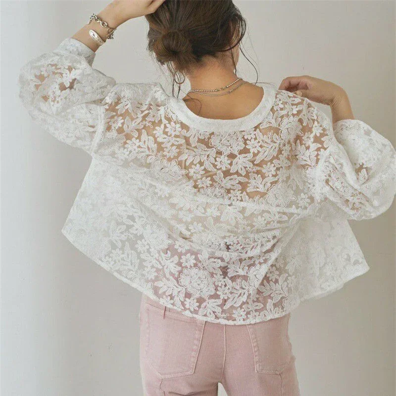 Vintage Embroidery Lace White Shirt Women Casual Fashion Loose Lantern Sleeve Blouse Women Floral Slim Female Tops Blusas 28379