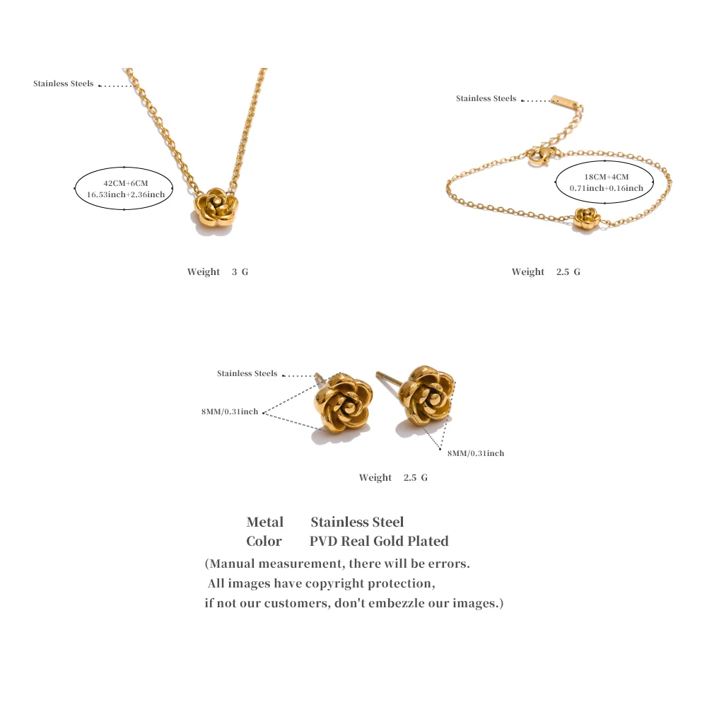 Yhpup Chic Stainless Steel Rose Flower Chain Necklace Bracelet Earrings Set Gold & Platinum PVD Waterproof Plated Daily Jewelry