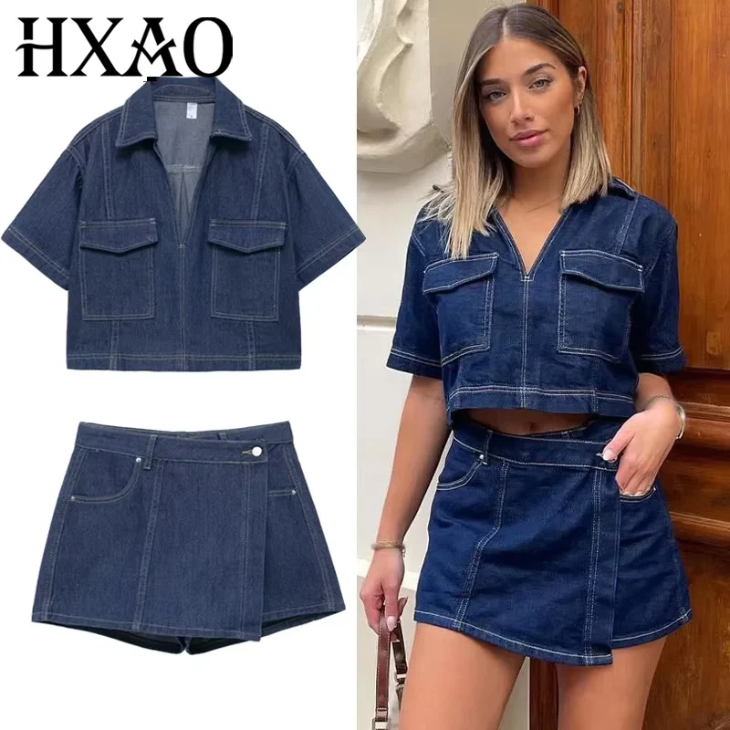 

HXAO 2024 Мини-юбка, комплект из 2 предметов, асимметричная короткая юбка, брюки, укороченная блузка, джинсовый комплект, летний повседневный женский комплект из двух предметов